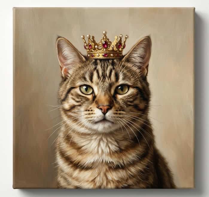 Custom oil painting portrait of a pet cat wearing a royal gold crown