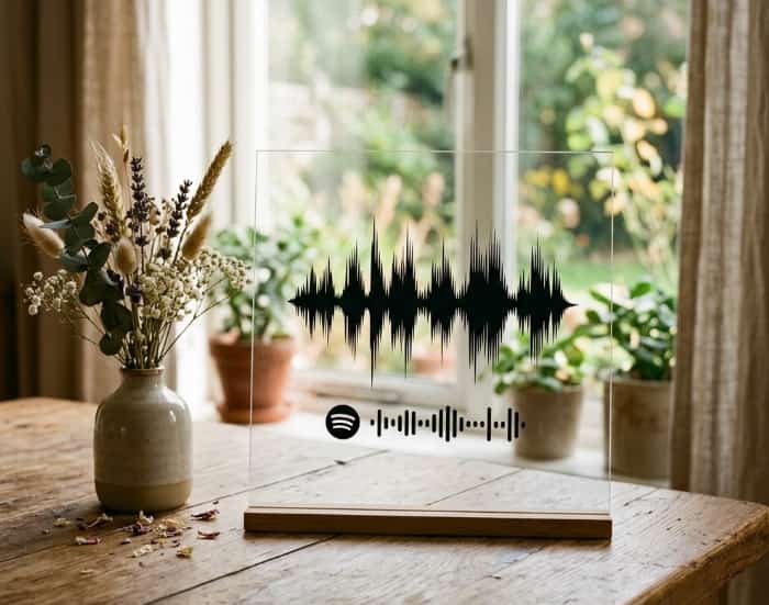 Custom transparent Spotify soundwave plaque on a wooden stand