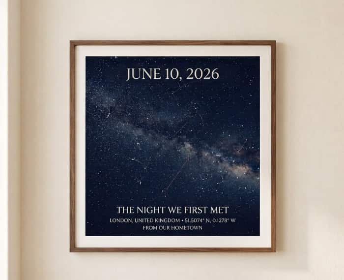 Framed custom navy blue star map print displayed on a modern wooden hallway console table