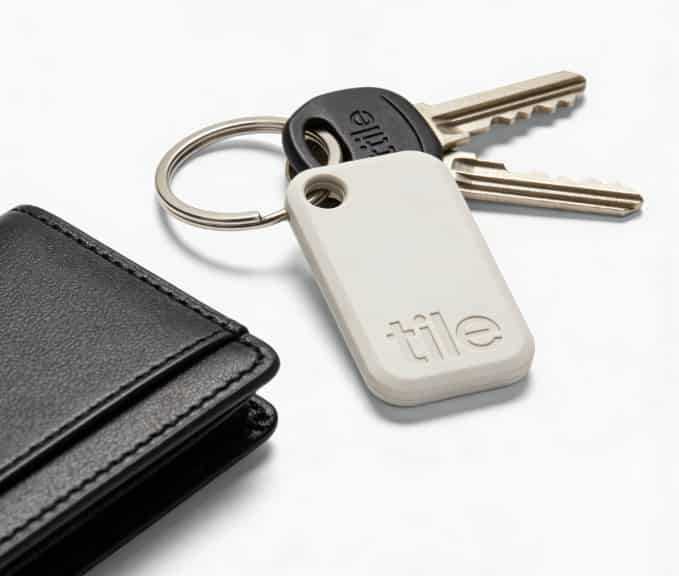 Set of colorful Tile trackers on a key ring