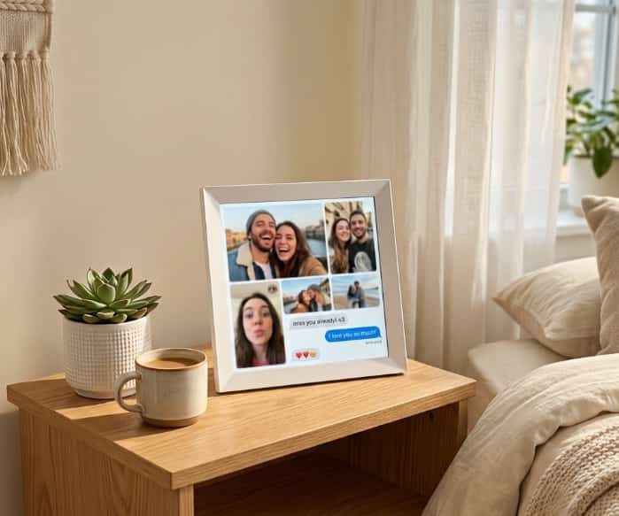 Wi-Fi digital photo frame displaying a couple's photo collage on a nightstand