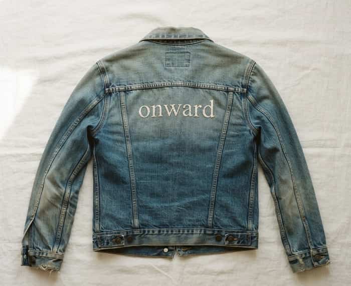 Vintage denim jacket with custom embroidered motto on the back