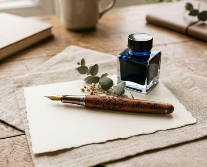 Engraved wooden fountain pen with a custom name on a desk