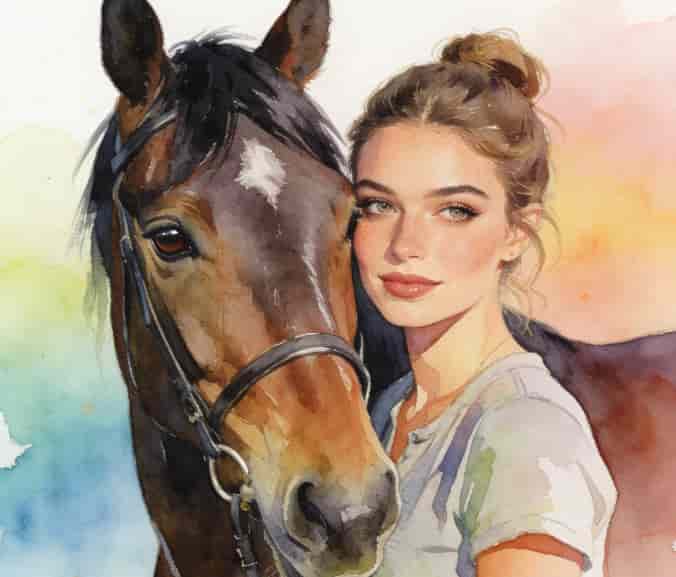 Watercolor portrait of a woman and her horse