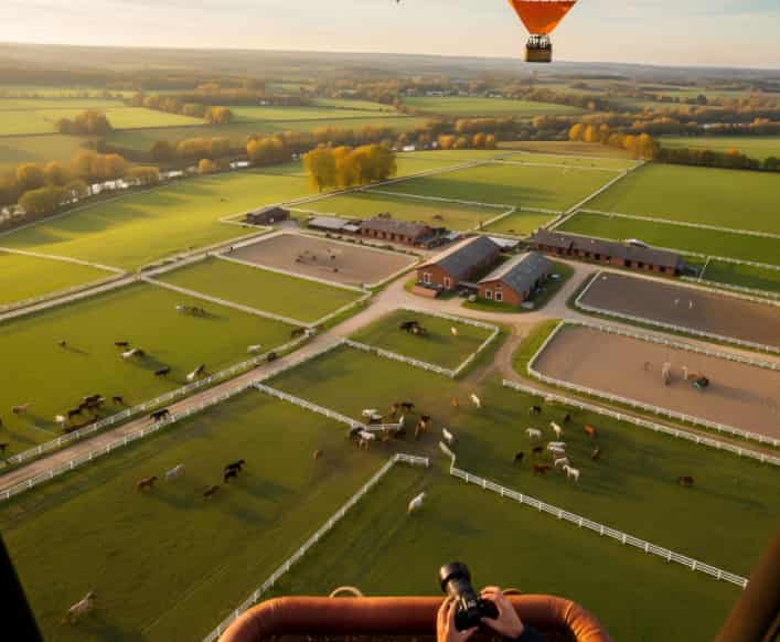 Hot air balloon floating over green pastures at sunrise