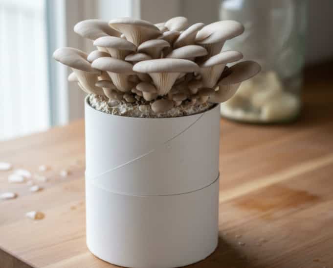 Mushroom grow log with growing oyster mushrooms
