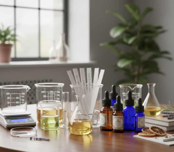 Perfume making workshop with essential oil bottles