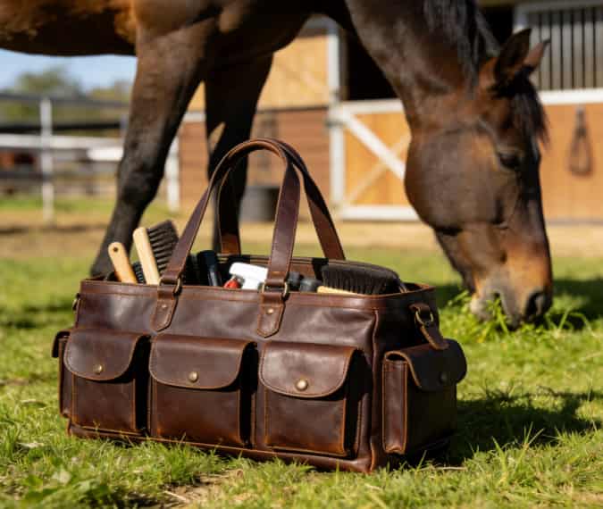 Leather grooming tote for horse care