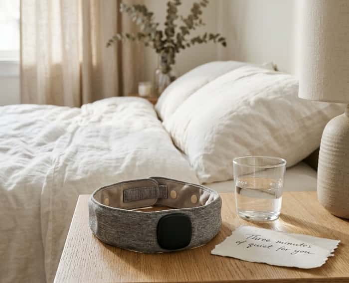 High-tech meditation headband resting on a minimalist oak nightstand