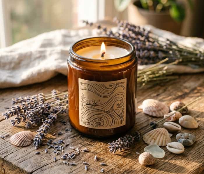Custom scented candle in an amber glass jar with dried lavender