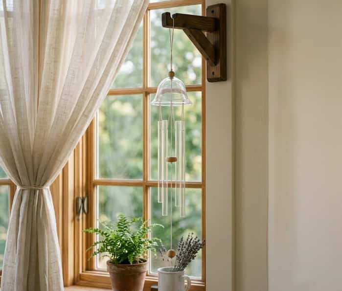 Hand-blown clear glass wind chime hanging in front of a sunlit window
