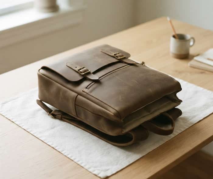 Classic brown leather daypack backpack resting on a wooden desk