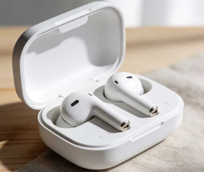 White wireless noise-cancelling earbuds