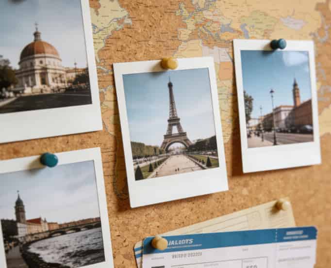 Corkboard map with pinned photos and notes