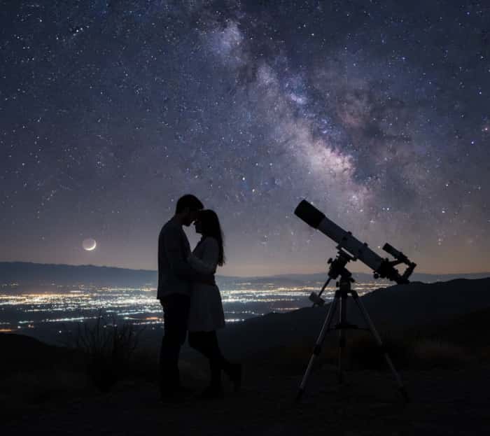 Telescope pointed at a starry night sky