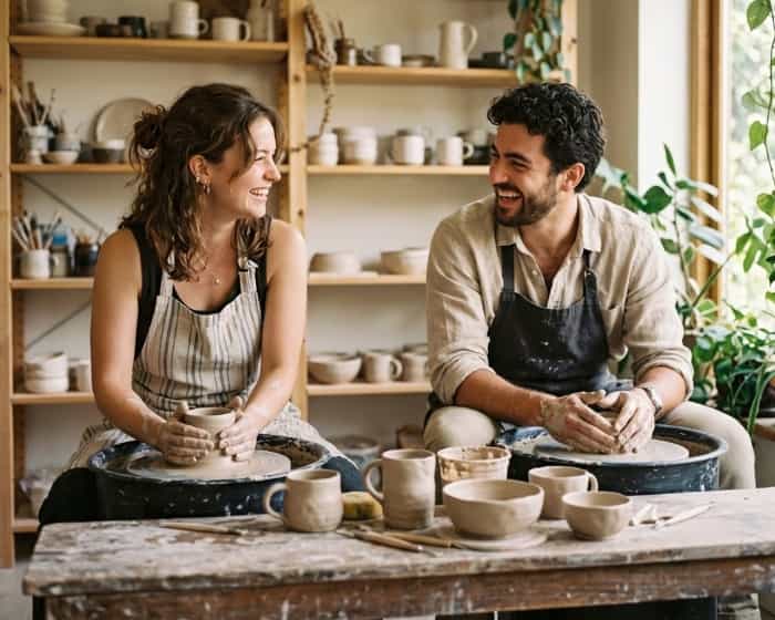 Smiling young couple shaping clay together on pottery wheels in a ceramic studio