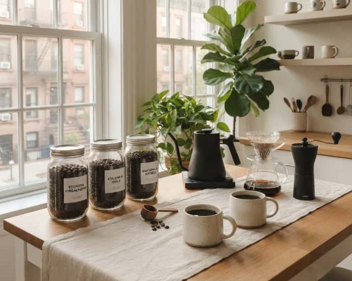 Single-origin coffee explorer kit with a gooseneck kettle and dripper