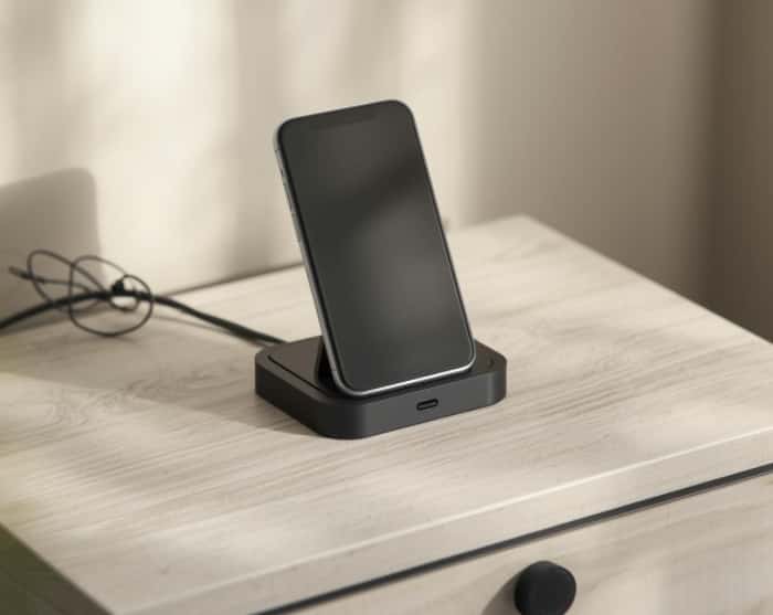 Minimalist wireless charging station with phone and earbuds
