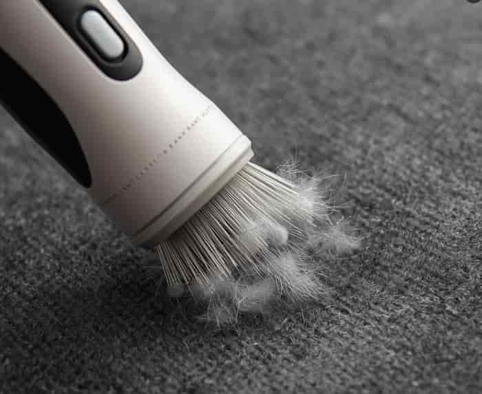 Hand holding a fabric shaver near a sweater