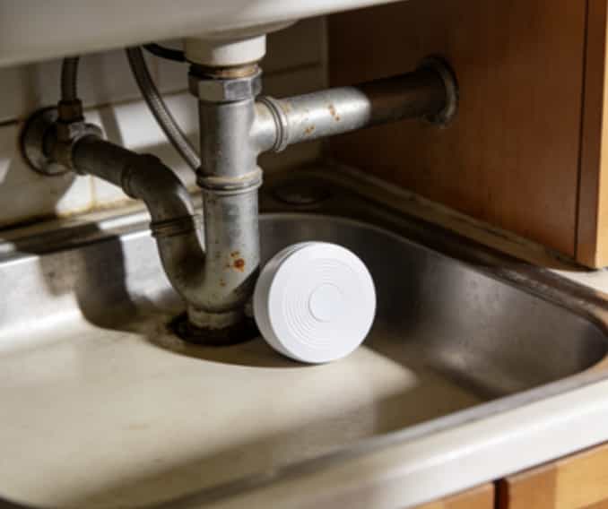 Small, white leak detector under a kitchen sink