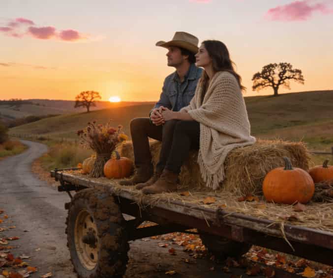Couple on a romantic sunset hayride with horses