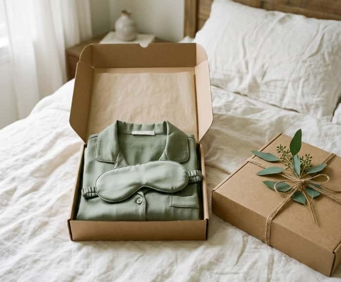 Organic silk pajamas and matching eye mask in an eco-friendly gift box