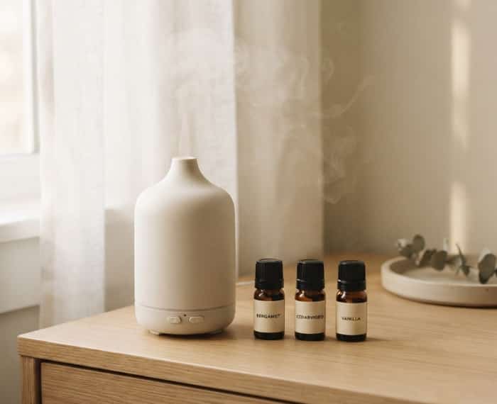 Minimalist ultrasonic essential oil diffuser on a wooden vanity