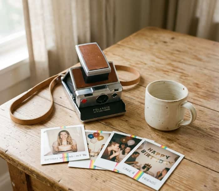 Vintage Polaroid instant camera with rainbow film prints on a rustic table