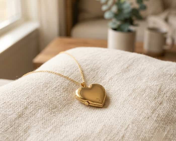Gold heart-shaped locket necklace on a soft fabric cushion