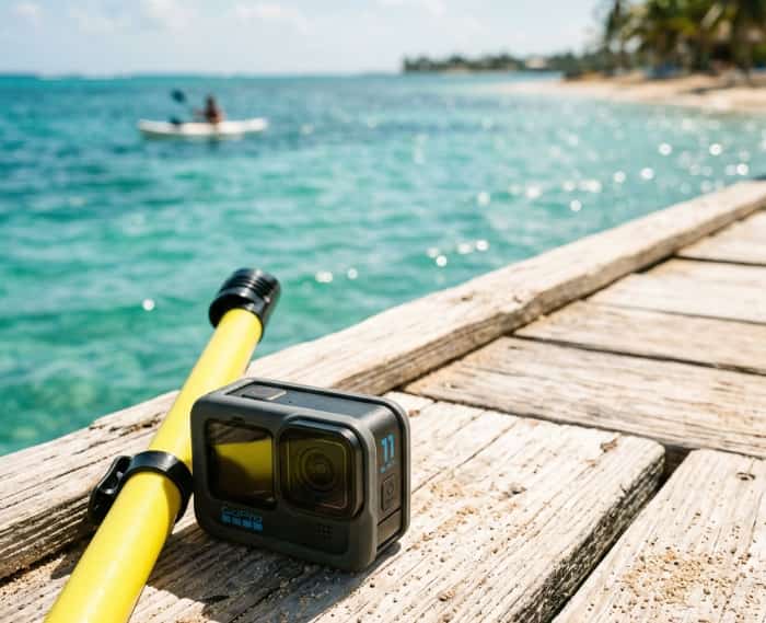 Compact waterproof action camera on a wooden dock by the ocean
