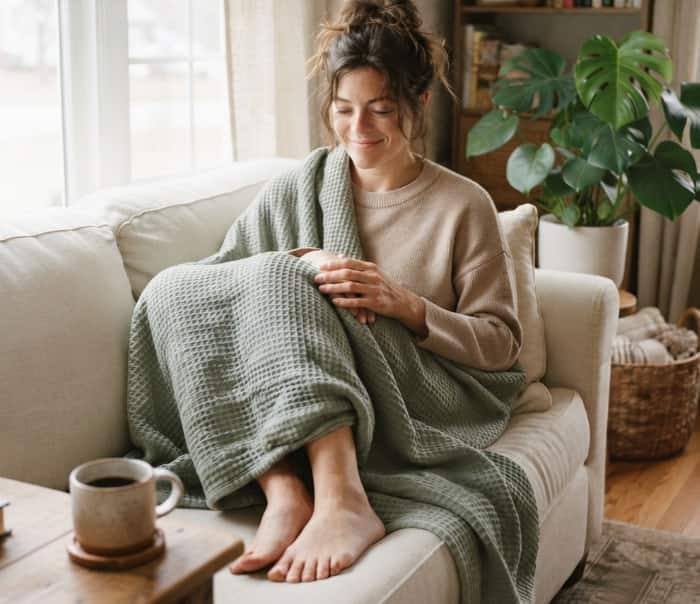 Woman wrapped in a cozy sage green weighted blanket on a sofa