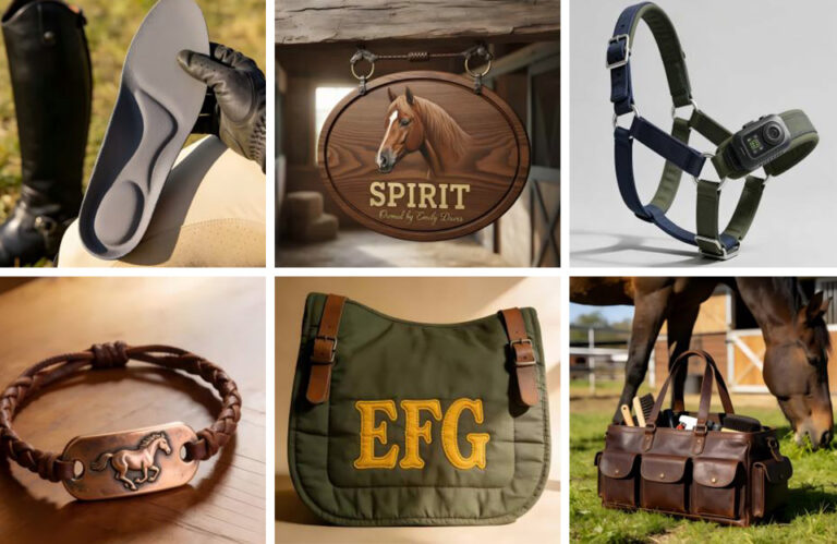 A collage of 6 unique gift ideas for a horse-loving girlfriend