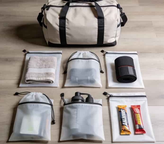 Set of mesh pouches for gym bag organization