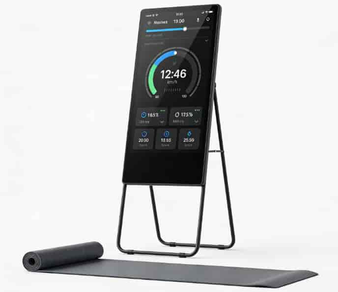 Smart fitness mirror displaying workout data on screen