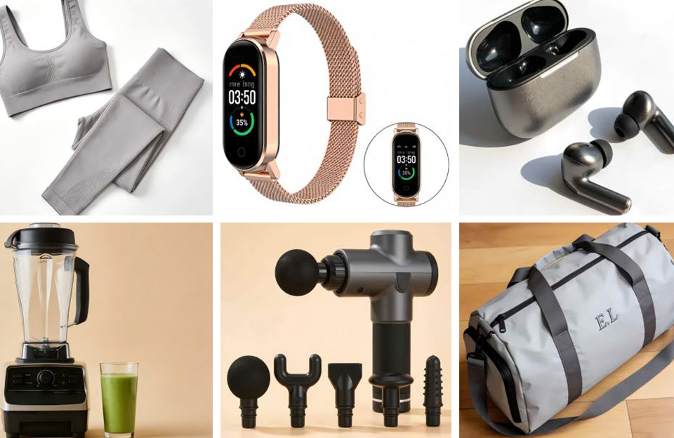 Six fitness gifts collage featuring workout gear and accessories