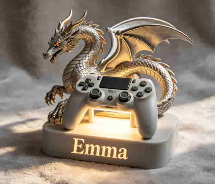 3D printed dragon-shaped controller stand with a personalized name engraved on the base