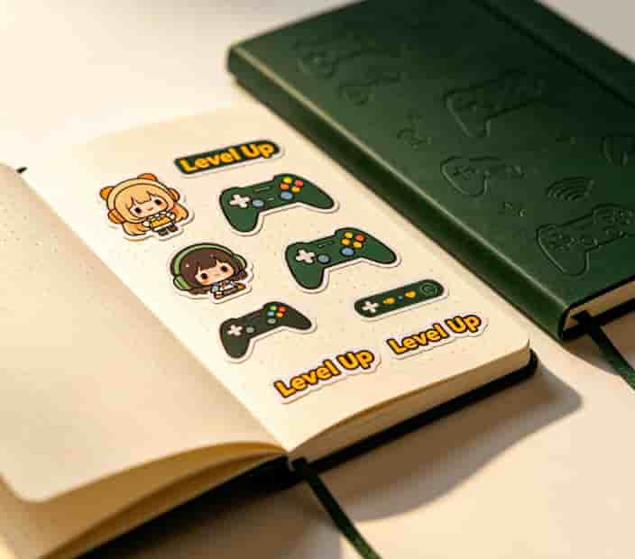 Open dot-grid journal with gaming-themed stickers on the pages and a dark green cover