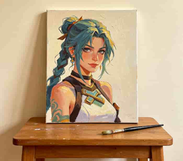 Commissioned oil-style portrait of a fantasy game character resting on an easel