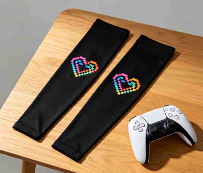 Pair of black cooling arm sleeves with pixel heart design next to a game controller on a desk
