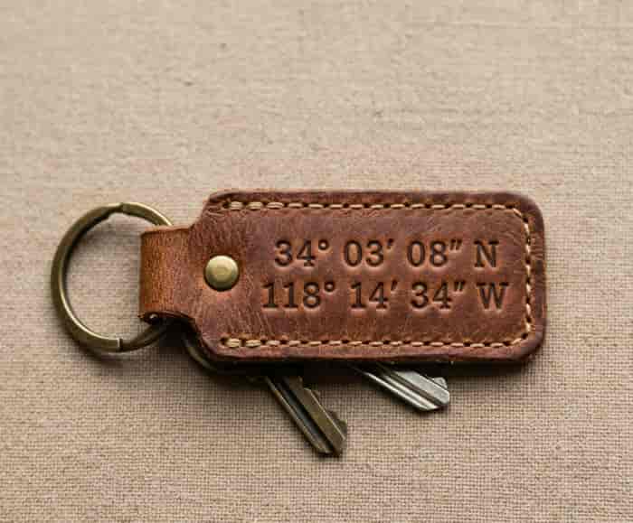 Leather keychain stamped with geographic coordinates