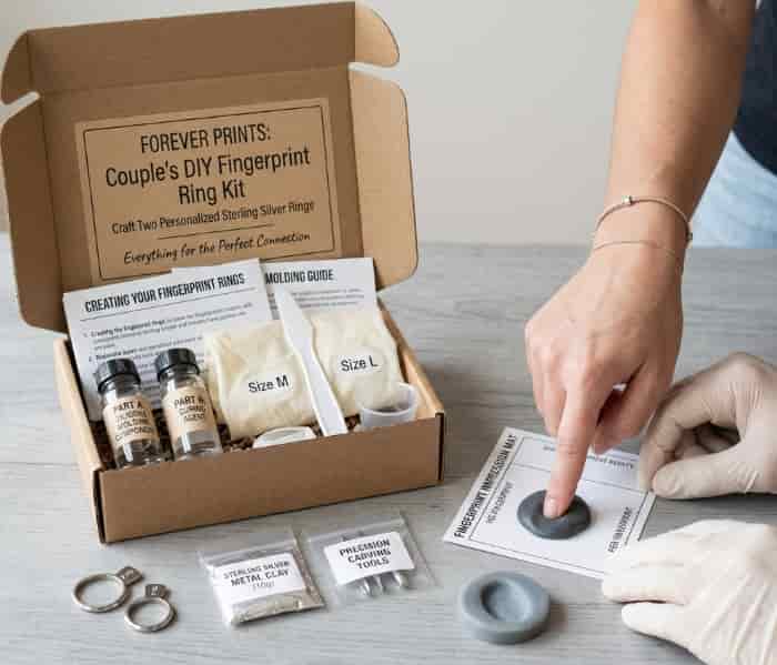DIY ring-making kit for crafting fingerprint rings as a couple
