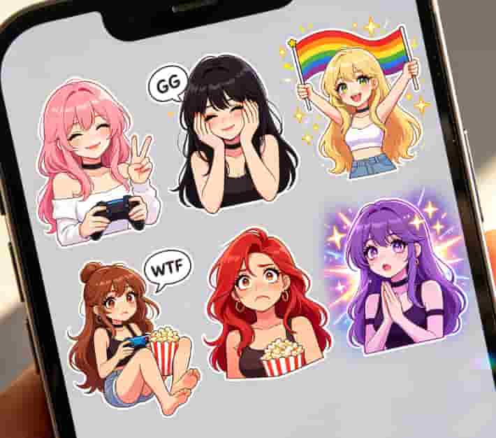 Set of six custom illustrated Discord emotes displayed on a smartphone screen
