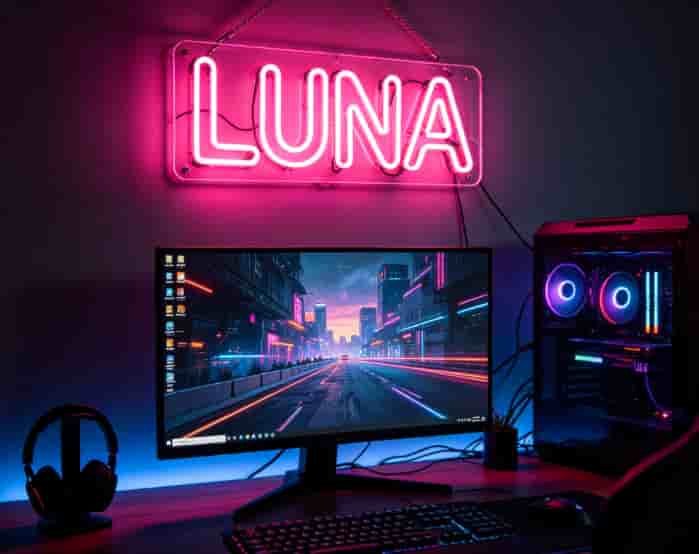 Custom LED neon sign with gamer tag LUNA glowing in pink against a dark wall