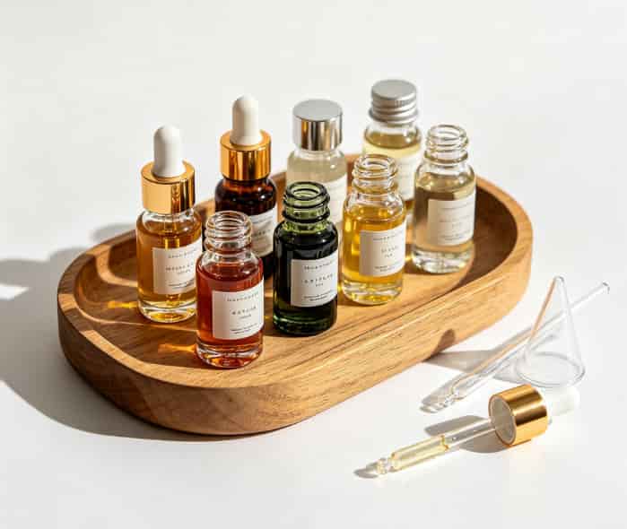 Perfume blending kit with various fragrance oil bottles
