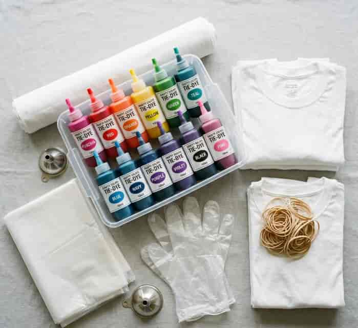 DIY tie-dye kit with colorful dye bottles and supplies