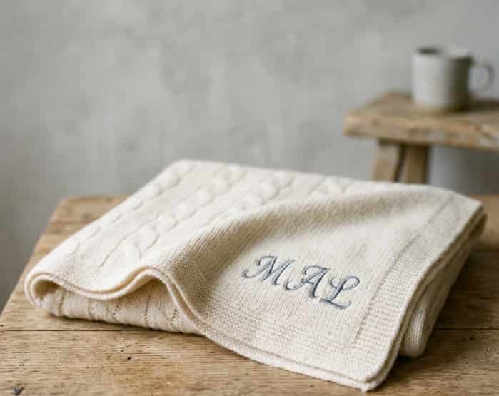 Soft throw blanket with embroidered initials on the corner