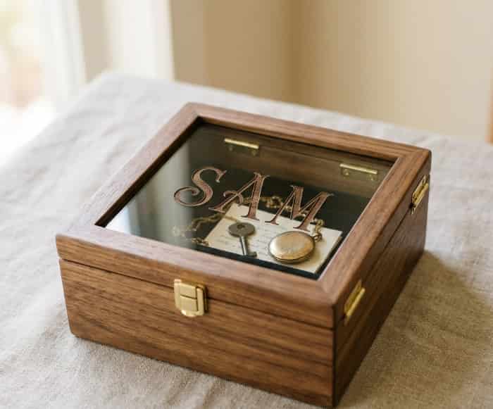 Wooden keepsake box with glass lid and engraved initials