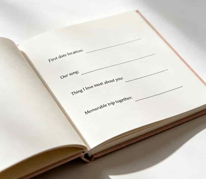 Open memory book with fill-in-the-blank love prompts