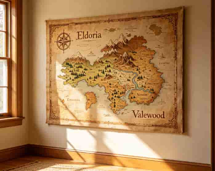 Canvas print of a fantasy video game world map hanging on a living room wall