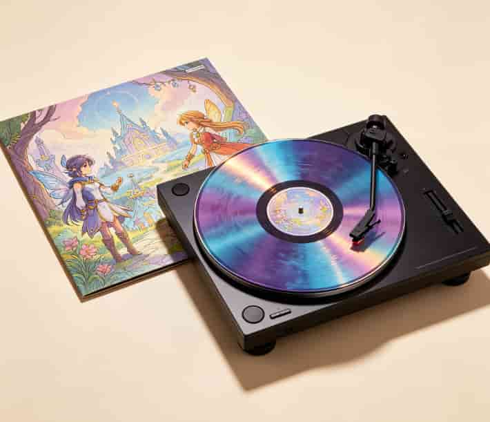 Colored indie game soundtrack vinyl record spinning on a turntable with illustrated sleeve